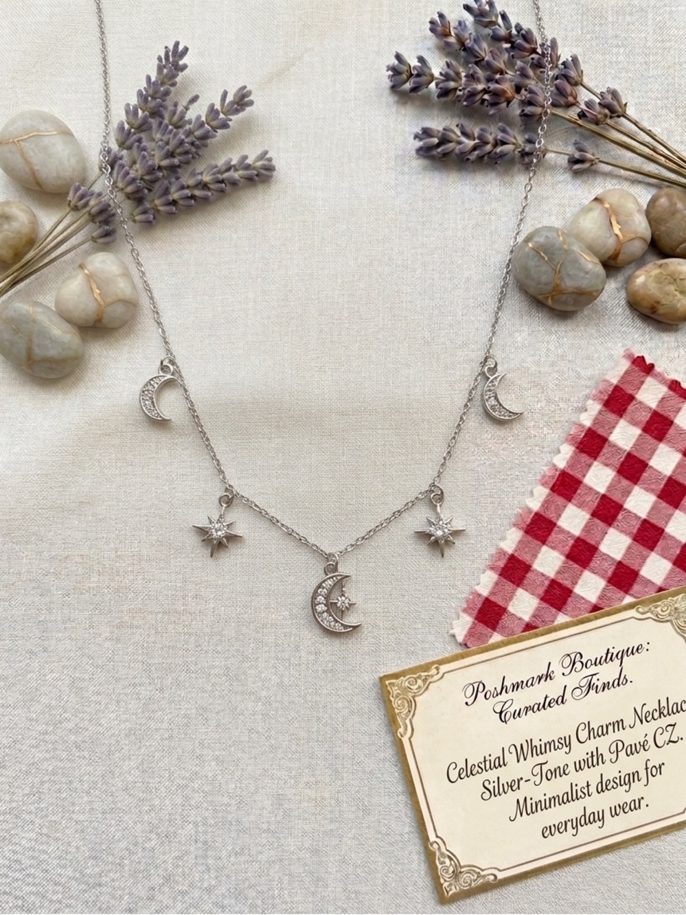 Celestial Charm Silver-Tone Necklace with Crescent & Star Pendants